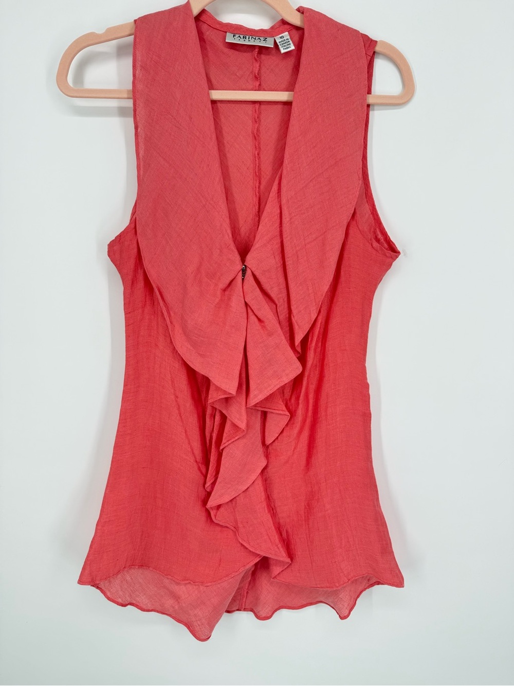Farinaz Taghavi $165 Women Coral LINEN Ruffle Sleeveless  Blouse 10 Zip Front